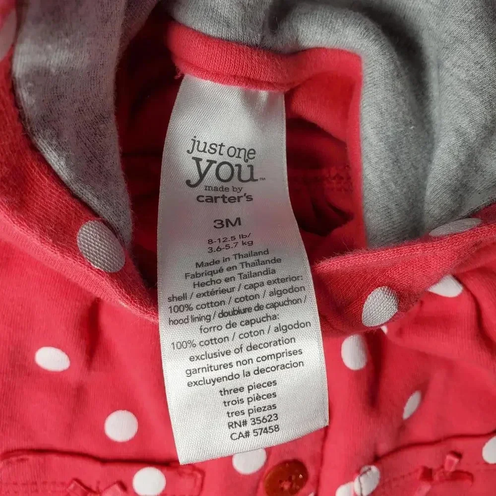 Carter's 100% Cotton Hooded Baby Girl's Pink and White Polka Dot Jacket Size 3M